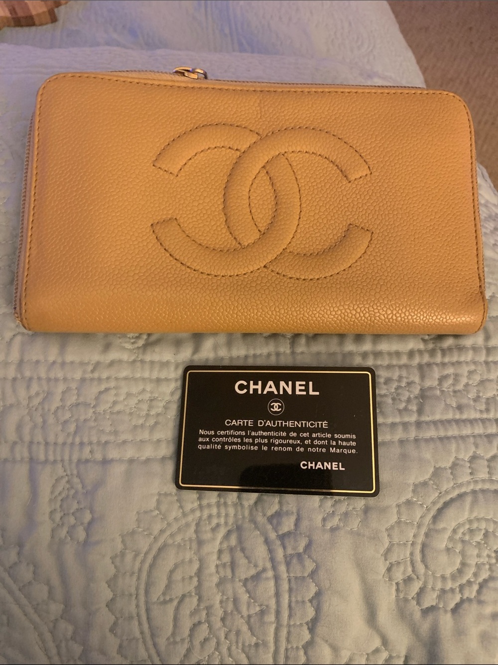 CHANEL Quilted CC Zip Wallet in Camel Tan